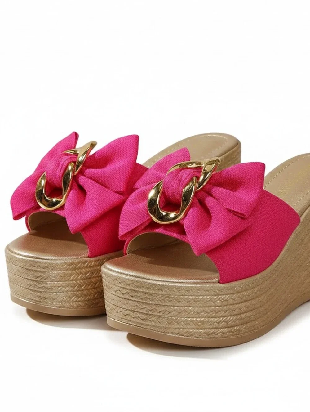 Gold Chain Oversized Bow Platform Open Toe Shoe Slip On Coquette Sandal Hot Pink